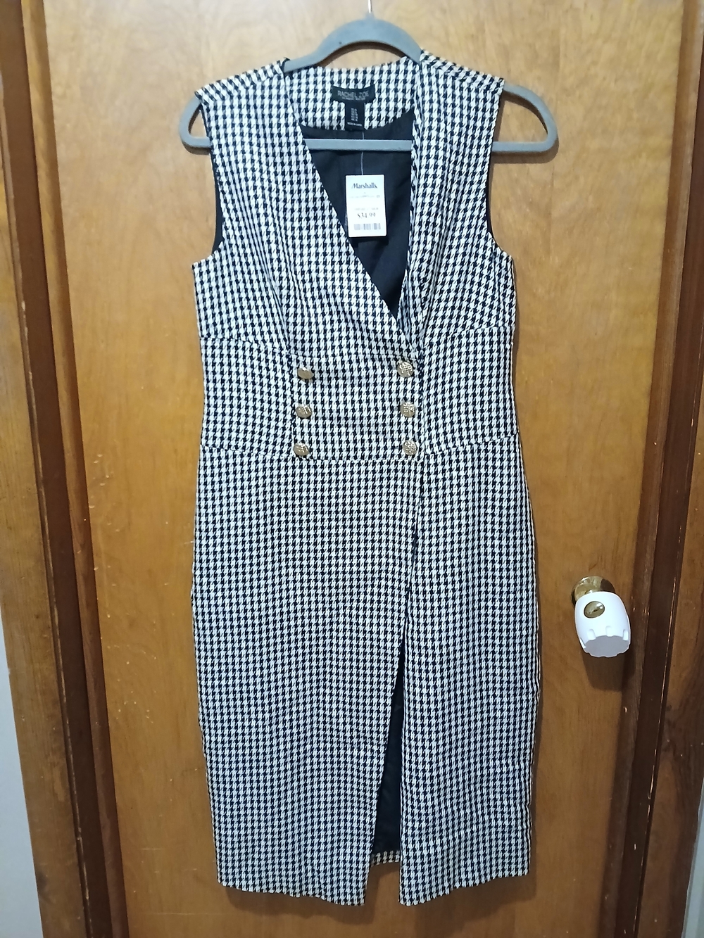 Rachel Zoe Black and White Houndstooth Midi Dress with Gold Buttons